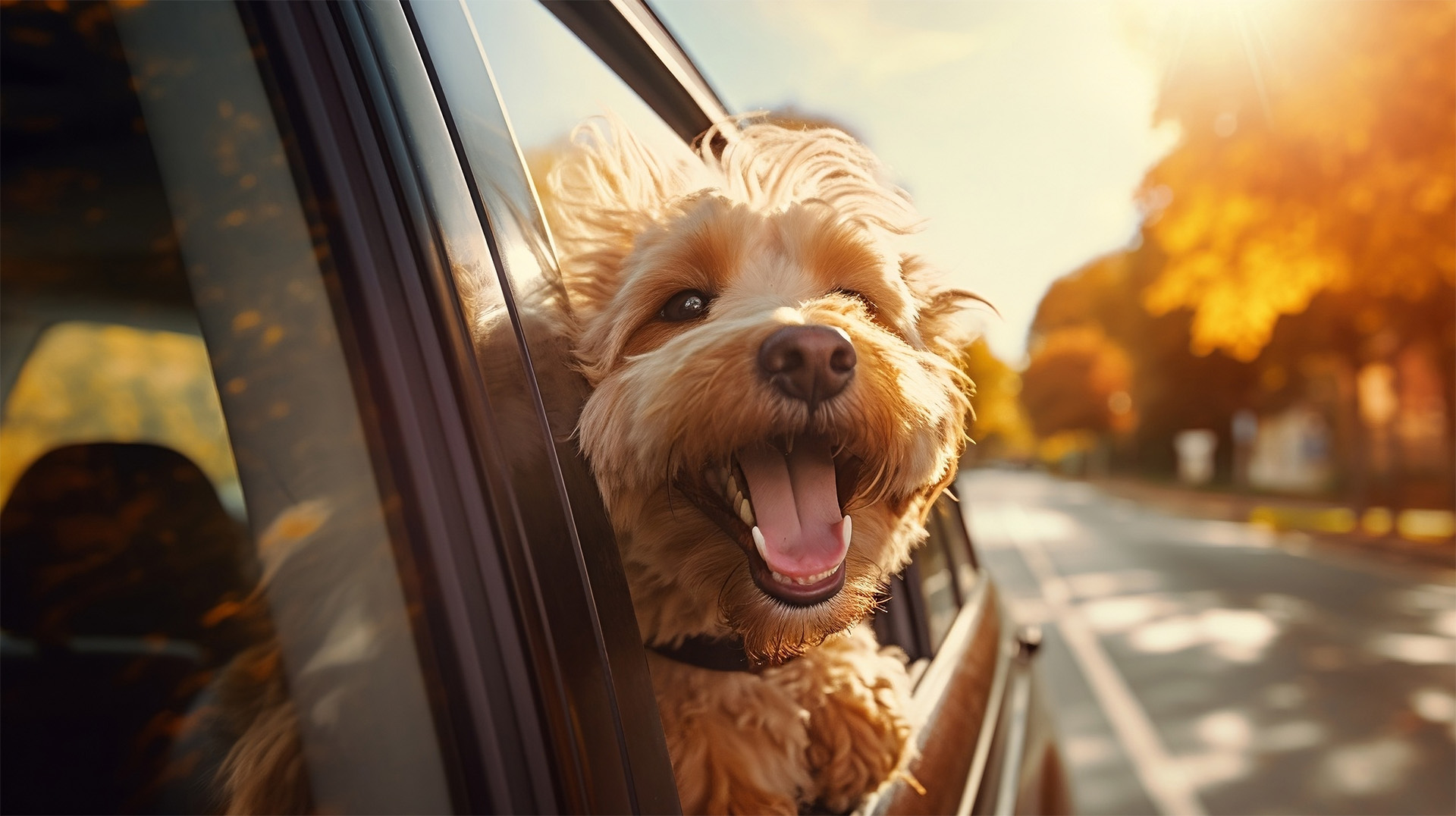 A cute dog looks out the car window